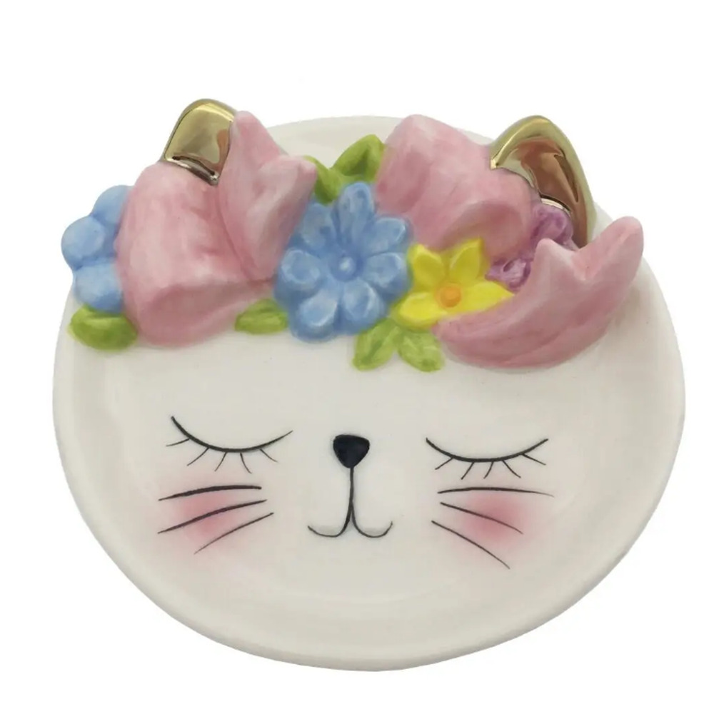 New Ceramic BoHo Hippie White Cat Kitten in Flower Wreath Trinket Dish Gift